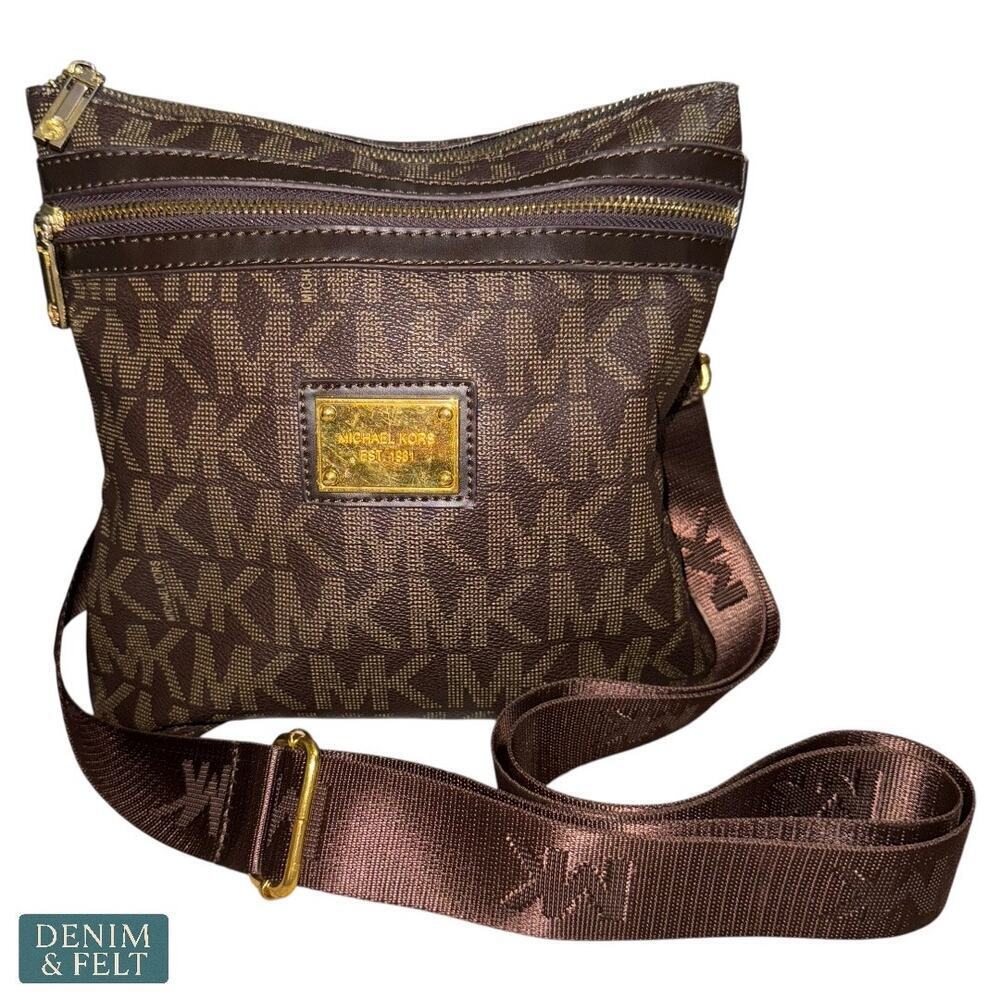 Michael Kors Brown Logo Crossbody Bag Gold Hardware Adjustable Strap Small